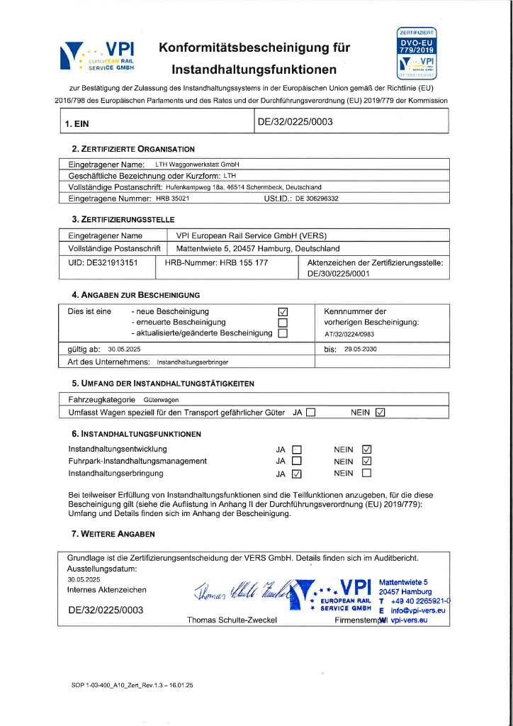 Downloads - Das Bild zeigt den Nachweis der Zulassung des Instandhaltungssystems in der EU.